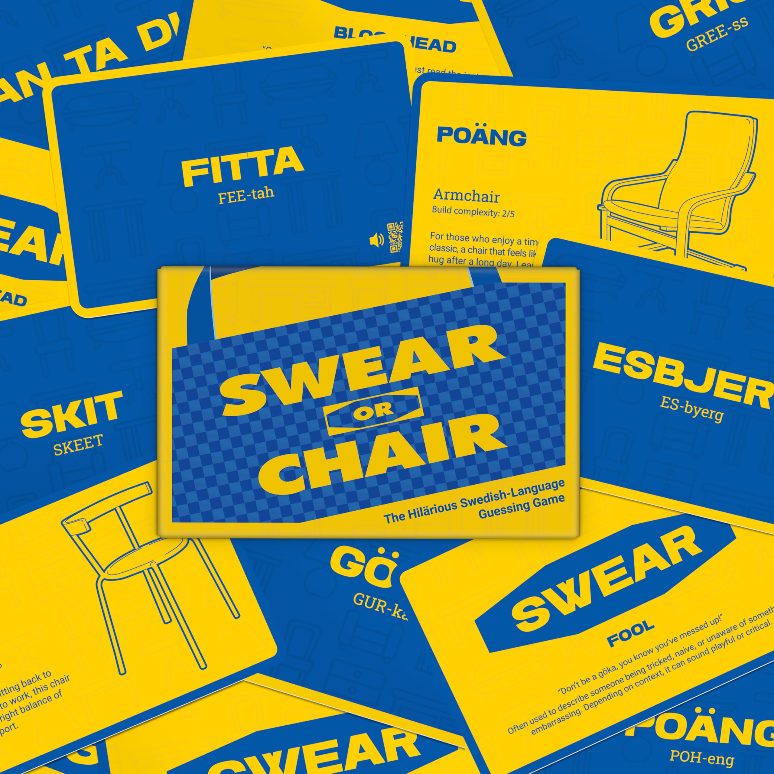 Swear or Chair – Hilarious Adult Party Game – Guess Scandinavian Swear Words vs Furniture Names – 56 Cards – Ages 18+