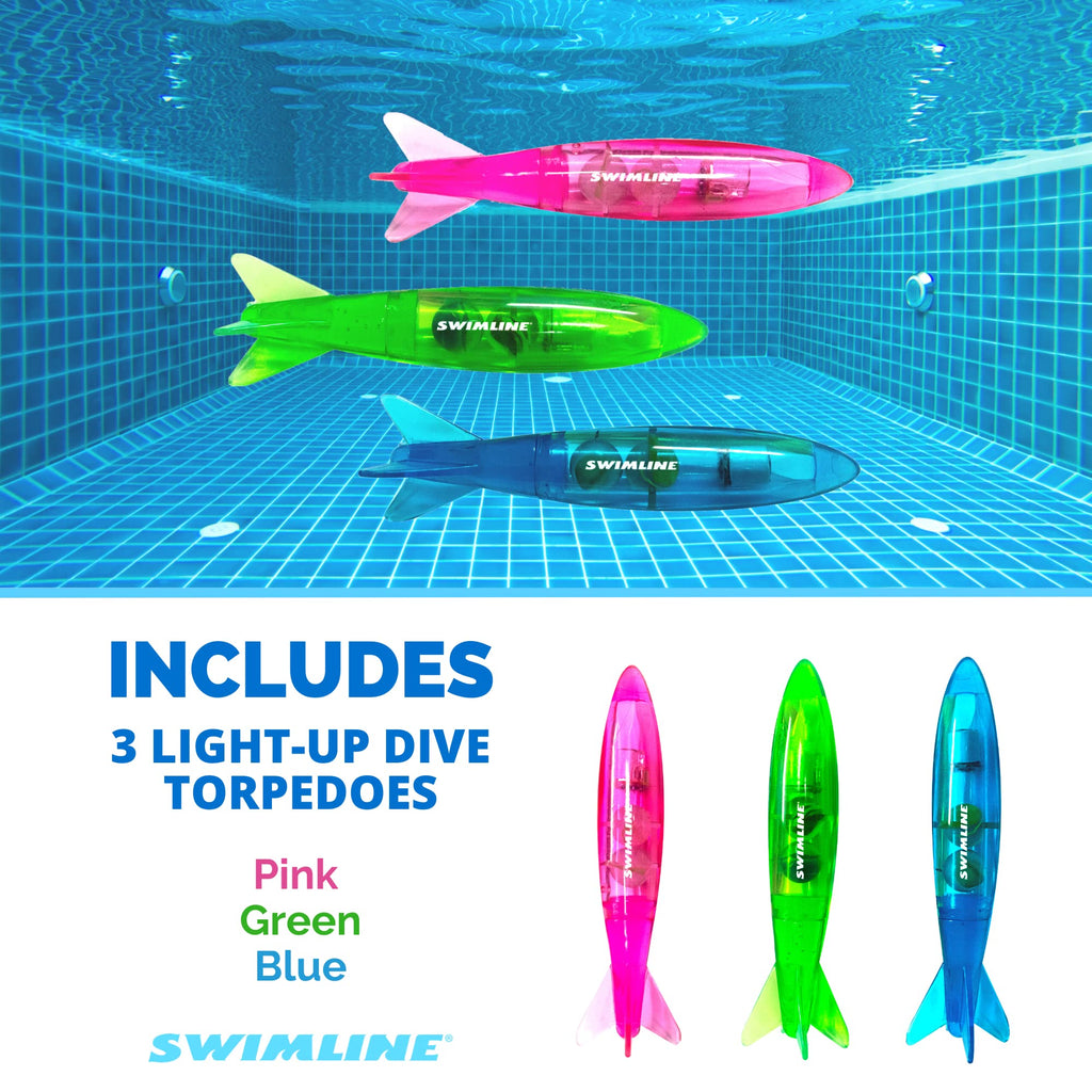 Swimline LED Dive Toys 3-Pack - Glowing Torpedo Light-Up Underwater Retrieval Game for Pool & Bath