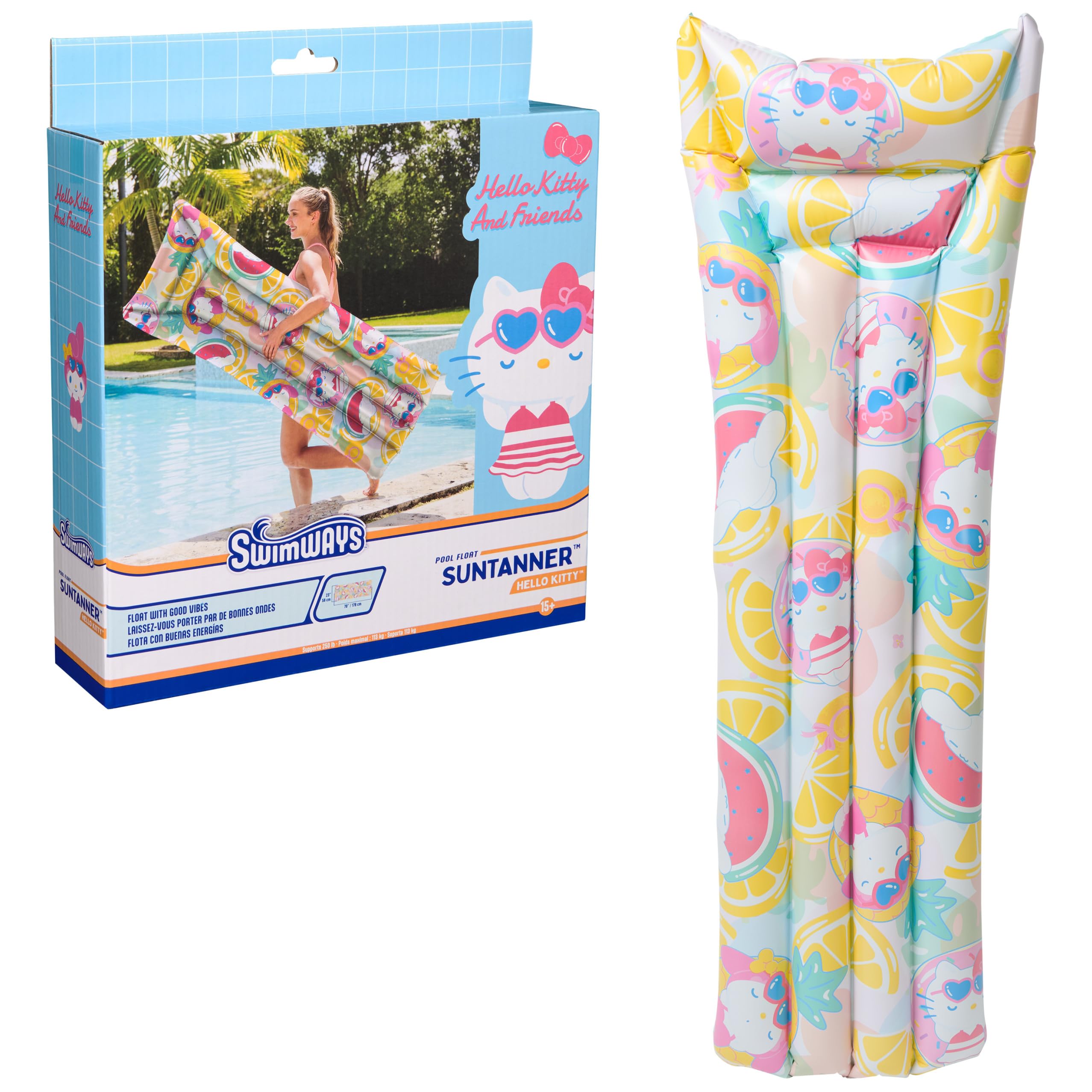 SwimWays Hello Kitty Suntanner Inflatable Pool Float - 70 x 23 Inch, Durable PVC, Pool Toy for Teens & Adults
