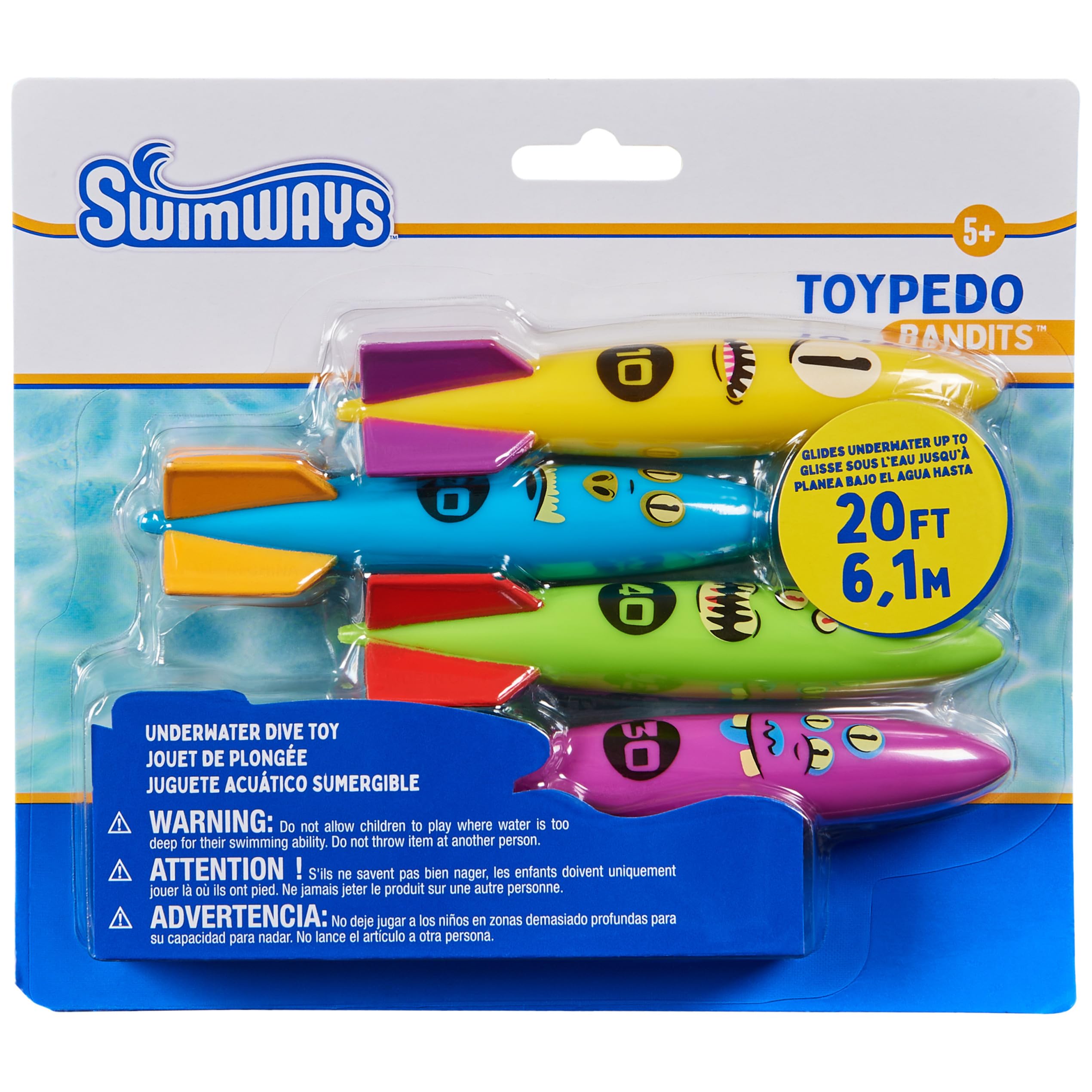SwimWays Toypedo Bandits Dive Toys 4-Pack – Underwater Gliding Pool Toys for Kids Ages 5+