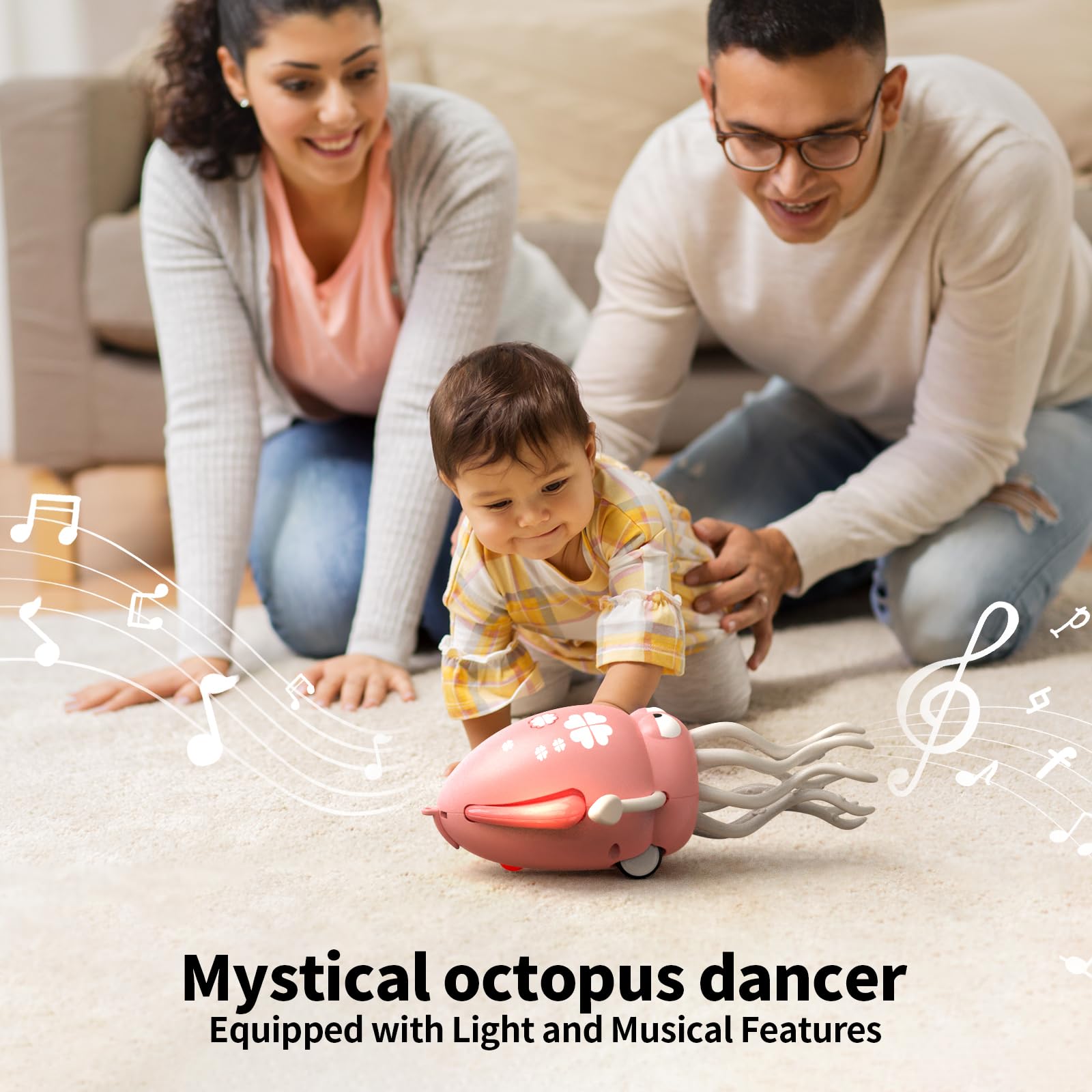 SWTOIPIG Pink Electric Dancing Octopus Toy with Lights, Music & Obstacle Avoidance for Tummy Time