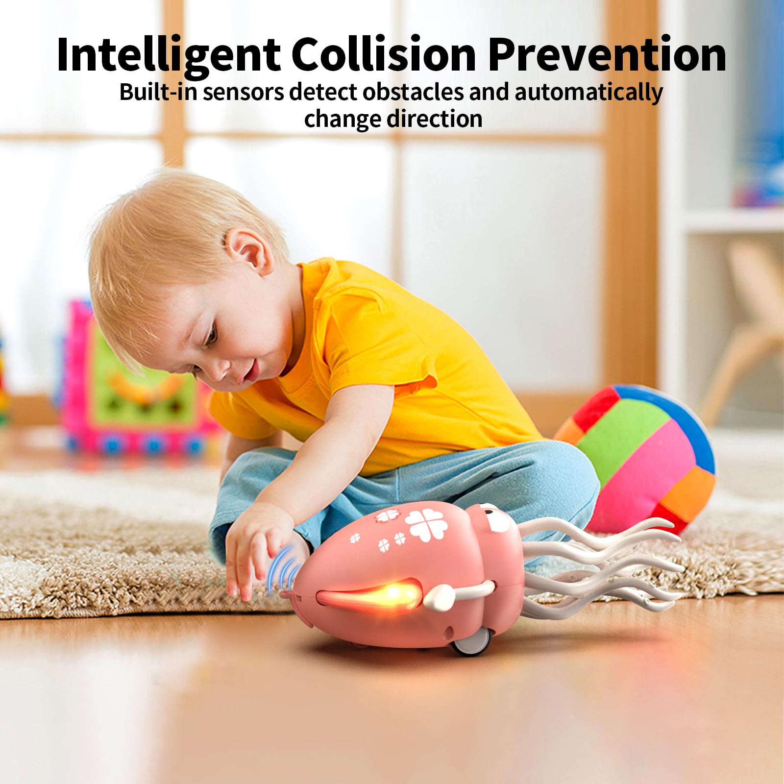 SWTOIPIG Pink Electric Dancing Octopus Toy with Lights, Music & Obstacle Avoidance for Tummy Time