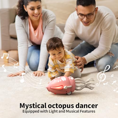SWTOIPIG Pink Electric Dancing Octopus Toy with Lights, Music & Obstacle Avoidance for Tummy Time