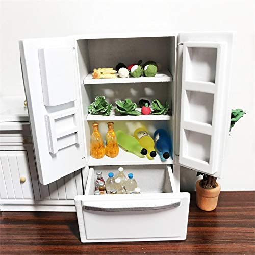 SXFSE 1:12 Scale Dollhouse Refrigerator, Wooden Miniature Fridge for Kitchen Prop, White