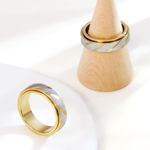 SYDNFZY 18K Gold Plated Fidget Spinner Ring – Stainless Steel Anxiety Relief Jewelry for Women and Men, Size 8 with Slanted Brushing Texture