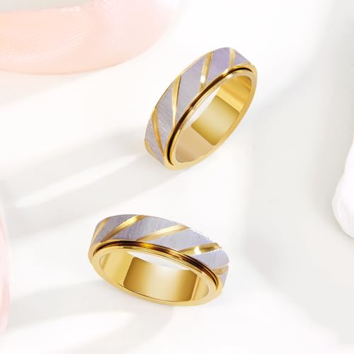 SYDNFZY 18K Gold Plated Fidget Spinner Ring – Stainless Steel Anxiety Relief Jewelry for Women and Men, Size 8 with Slanted Brushing Texture
