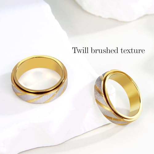 SYDNFZY 18K Gold Plated Fidget Spinner Ring – Stainless Steel Anxiety Relief Jewelry for Women and Men, Size 8 with Slanted Brushing Texture