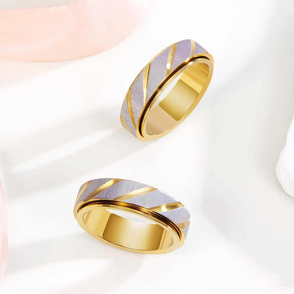 SYDNFZY 18K Gold Plated Fidget Spinner Ring – Stainless Steel Anxiety Relief Jewelry for Women and Men, Size 8 with Slanted Brushing Texture