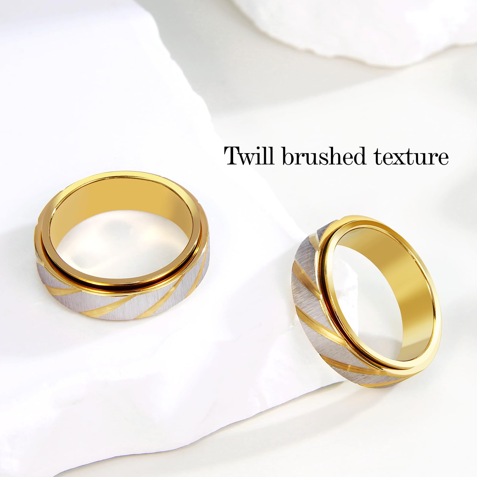 SYDNFZY 18K Gold Plated Fidget Spinner Ring – Stainless Steel Anxiety Relief Jewelry for Women and Men, Size 8 with Slanted Brushing Texture