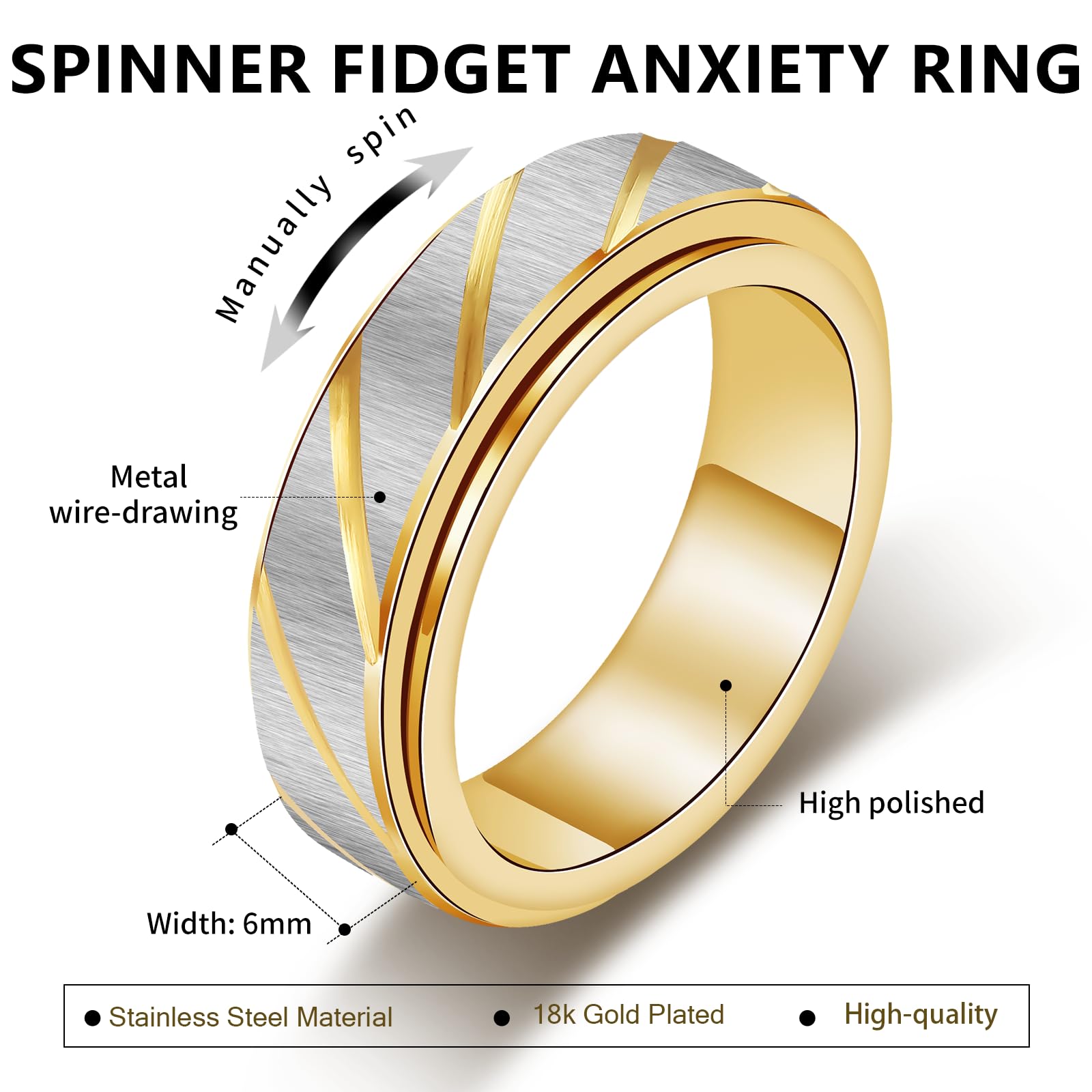SYDNFZY 18K Gold Plated Fidget Spinner Ring – Stainless Steel Anxiety Relief Jewelry for Women and Men, Size 8 with Slanted Brushing Texture