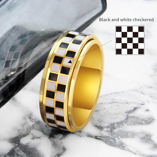 SYDNFZY Checkered Fidget Ring – 8mm 18K Gold Plated Stainless Steel Anxiety Spinner Jewelry for Adults