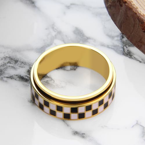 SYDNFZY Checkered Fidget Ring – 8mm 18K Gold Plated Stainless Steel Anxiety Spinner Jewelry for Adults