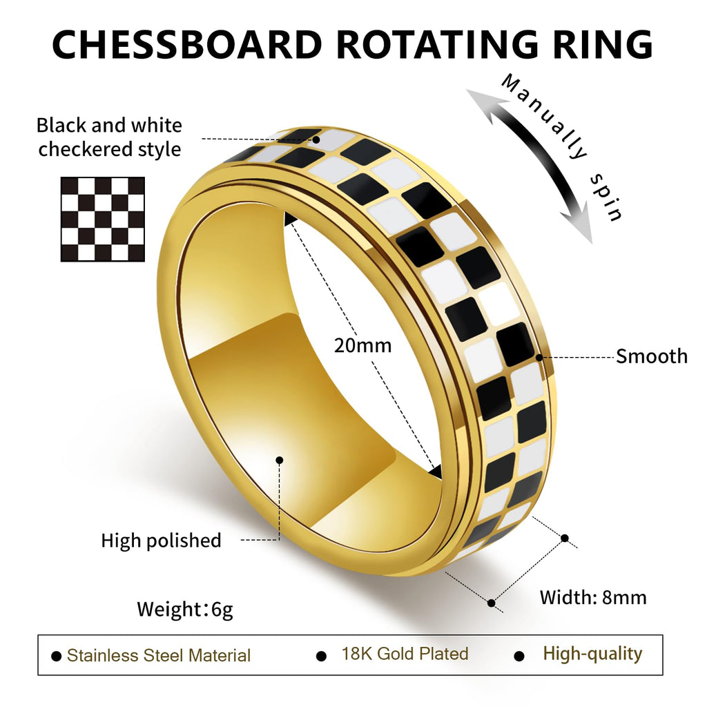 SYDNFZY Checkered Fidget Ring – 8mm 18K Gold Plated Stainless Steel Anxiety Spinner Jewelry for Adults