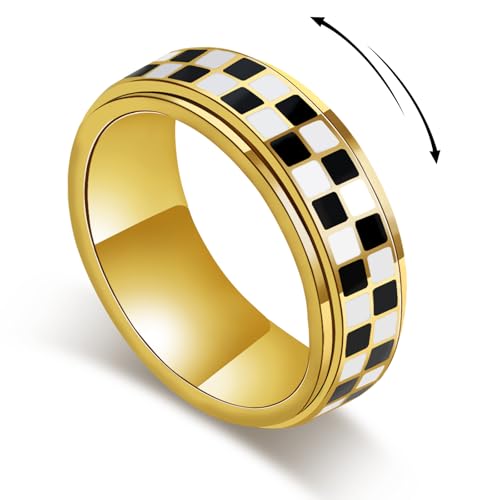 SYDNFZY Checkered Fidget Ring – 8mm 18K Gold Plated Stainless Steel Anxiety Spinner Jewelry for Adults