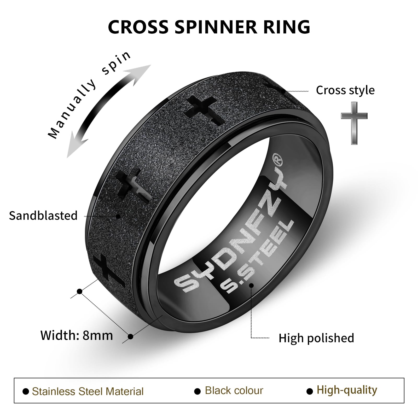 SYDNFZY Men's Stainless Steel Cross Spinner Ring – 8mm Fidget Ring for Anxiety Relief, Sizes 6-11