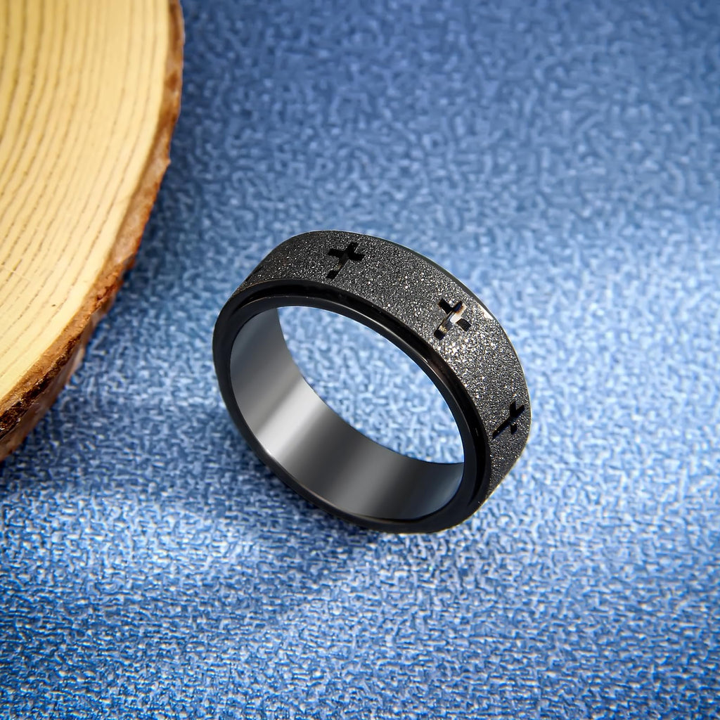SYDNFZY Men's Stainless Steel Cross Spinner Ring – 8mm Fidget Ring for Anxiety Relief, Sizes 6-11