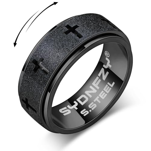 SYDNFZY Men's Stainless Steel Cross Spinner Ring – 8mm Fidget Ring for Anxiety Relief, Sizes 6-11