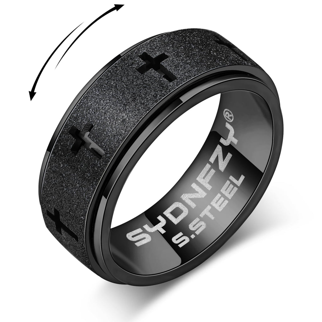 SYDNFZY Men's Stainless Steel Spinner Ring - 8mm Cross Fidget Ring for Anxiety and Focus