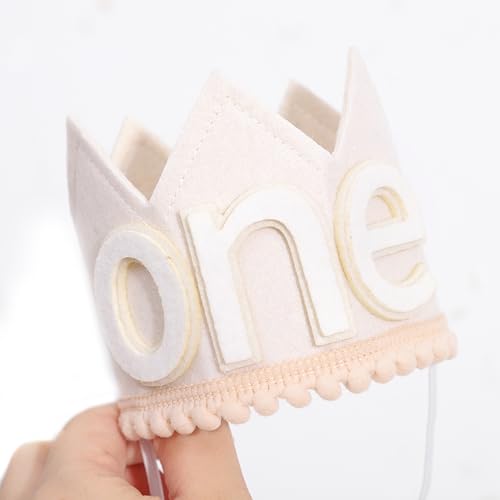 SYESQL Baby 1st Birthday Crown Hat - White Felt Cake Smash Party Headpiece for Boys and Girls