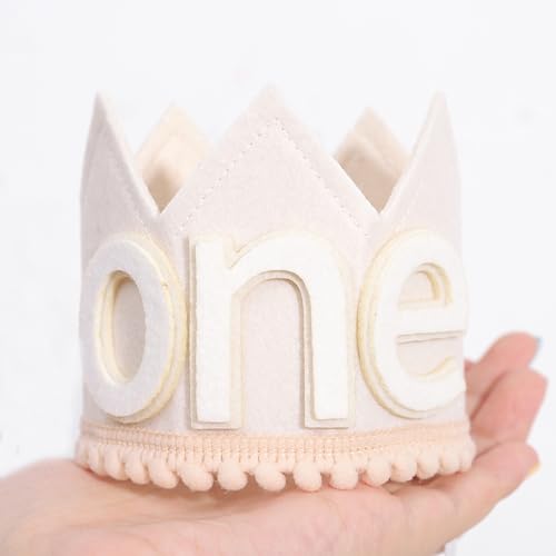 SYESQL Baby 1st Birthday Crown Hat - White Felt Cake Smash Party Headpiece for Boys and Girls