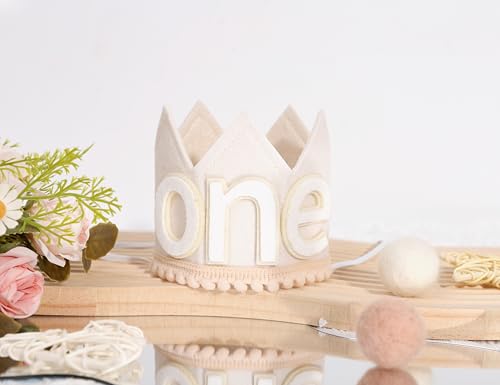 SYESQL Baby 1st Birthday Crown Hat - White Felt Cake Smash Party Headpiece for Boys and Girls