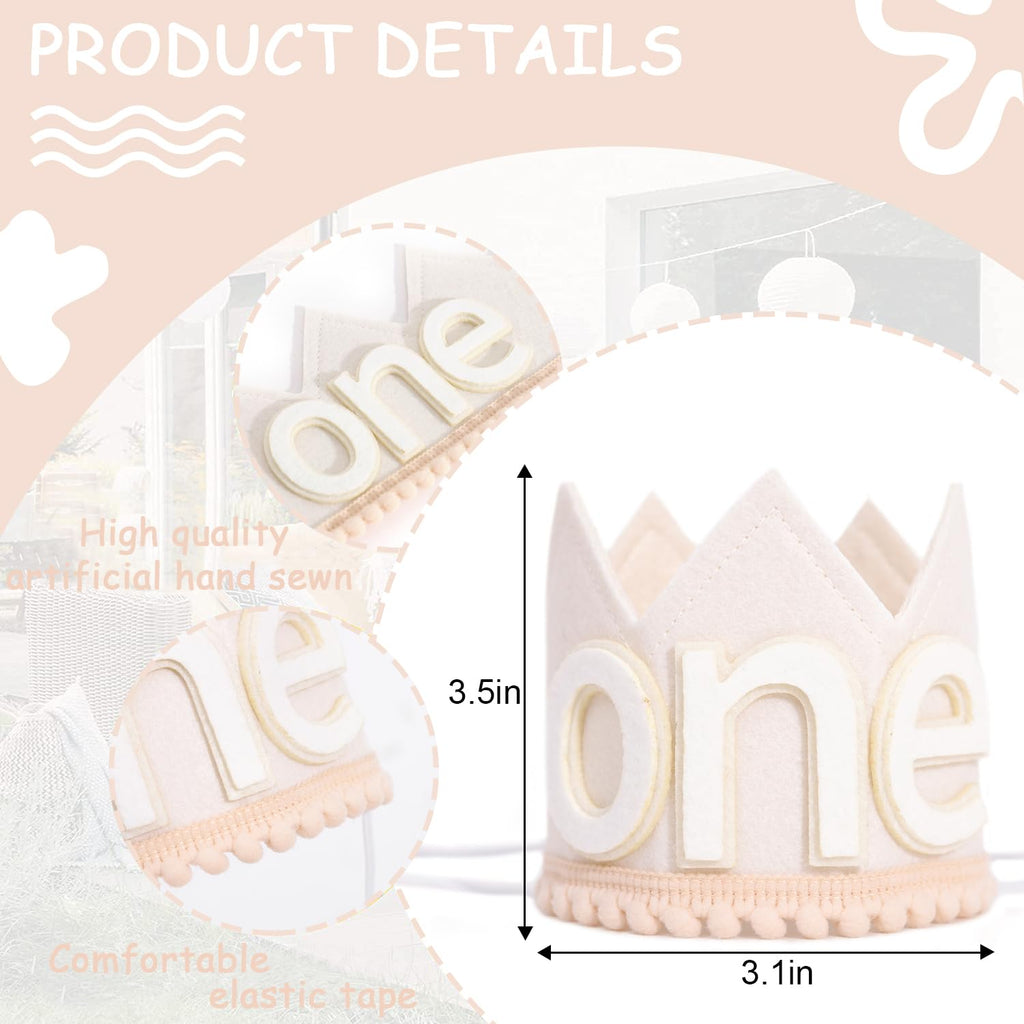 SYESQL Baby 1st Birthday Crown Hat - White Felt Cake Smash Party Headpiece for Boys and Girls
