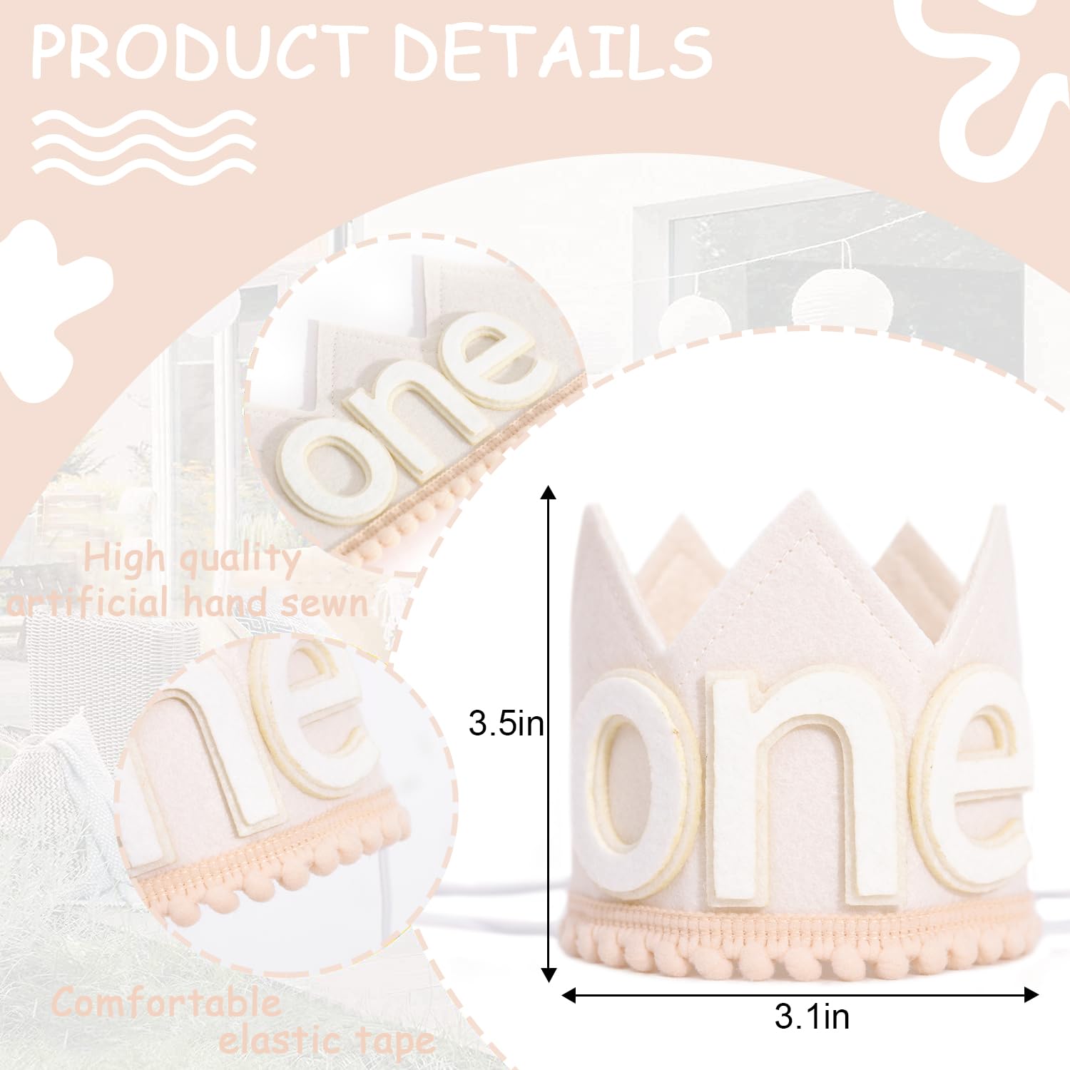 SYESQL Baby 1st Birthday Crown Hat - White Felt Cake Smash Party Headpiece for Boys and Girls