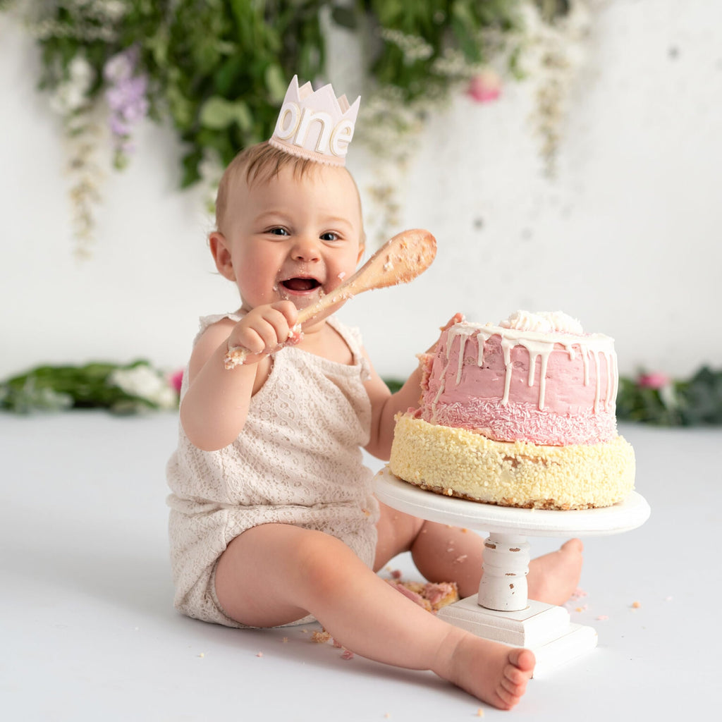 SYESQL Baby 1st Birthday Crown Hat - White Felt Cake Smash Party Headpiece for Boys and Girls