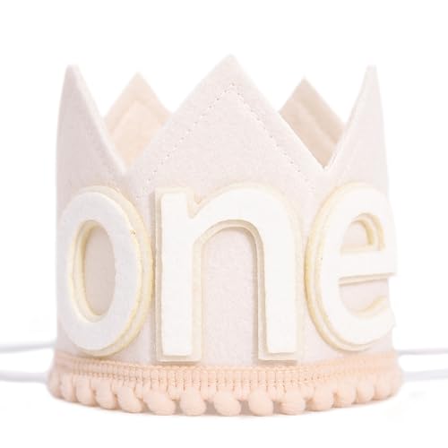 SYESQL Baby 1st Birthday Crown Hat - White Felt Cake Smash Party Headpiece for Boys and Girls
