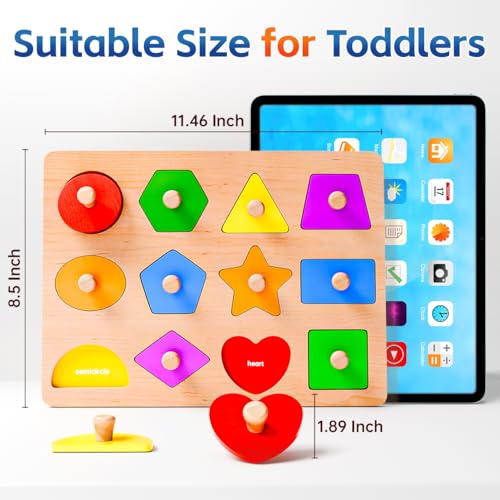 SYHLN Wooden Shape Peg Puzzles for Toddlers 1-3 | 12 Shapes & 6 Colors | Montessori Learning Toy