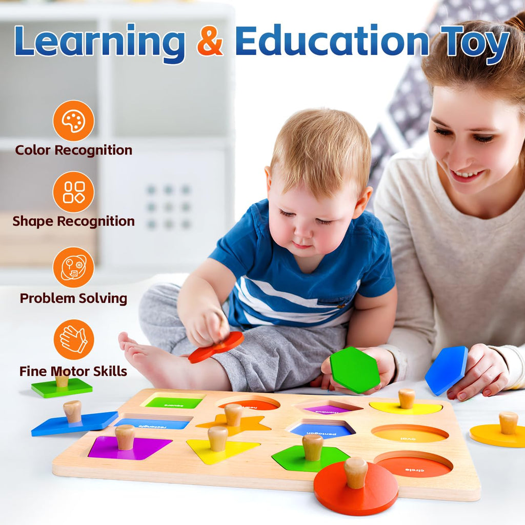 SYHLN Wooden Shape Peg Puzzles for Toddlers 1-3 | 12 Shapes & 6 Colors | Montessori Learning Toy