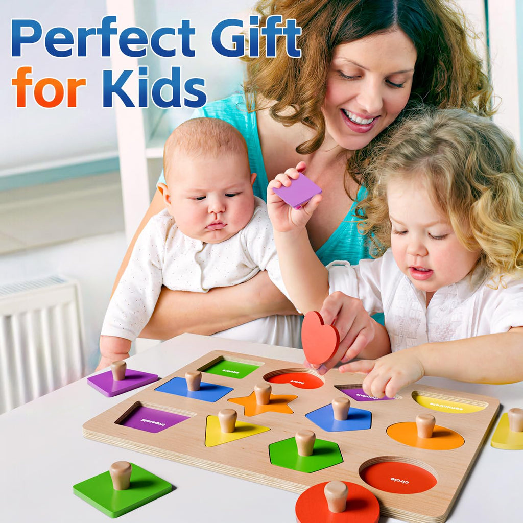 SYHLN Wooden Shape Peg Puzzles for Toddlers 1-3 | 12 Shapes & 6 Colors | Montessori Learning Toy