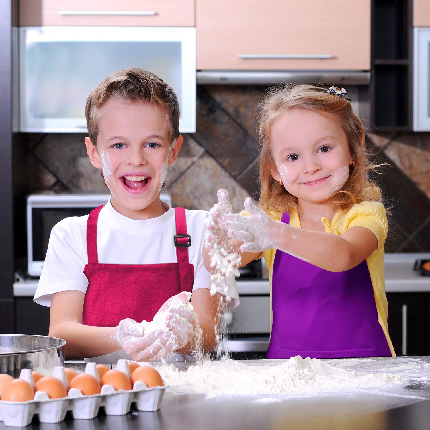 Syhood 6 Pack Kids Aprons with Pockets - Adjustable Children Chef Aprons for Cooking, Painting, Crafting (Fresh Colors, Large)