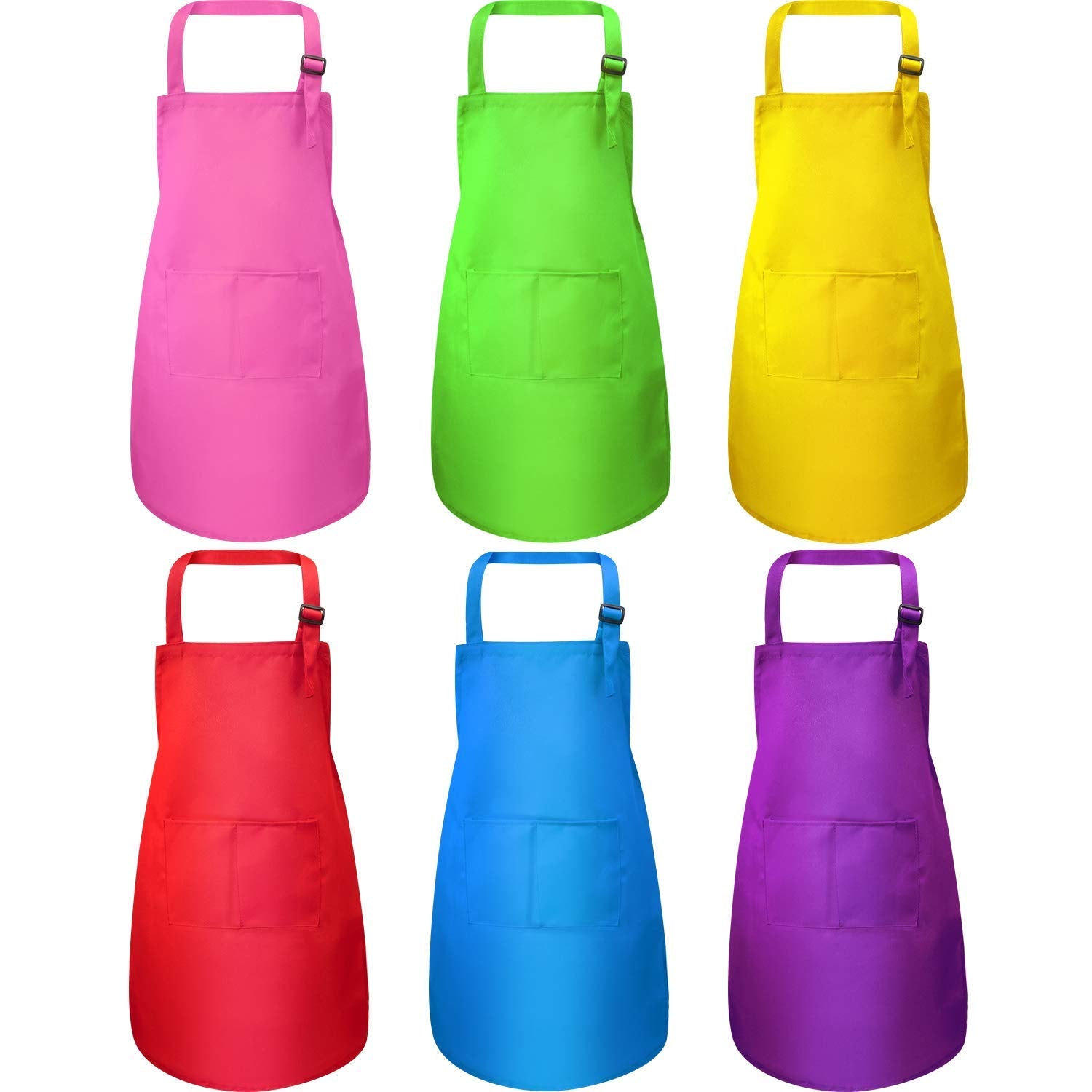 Syhood 6 Pack Kids Aprons with Pockets - Adjustable Children Chef Aprons for Cooking, Painting, Crafting (Fresh Colors, Large)