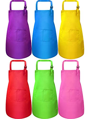 Syhood 6 Pack Kids Aprons with Pockets - Adjustable Children Chef Aprons for Cooking, Painting, Crafting (Fresh Colors, Large)