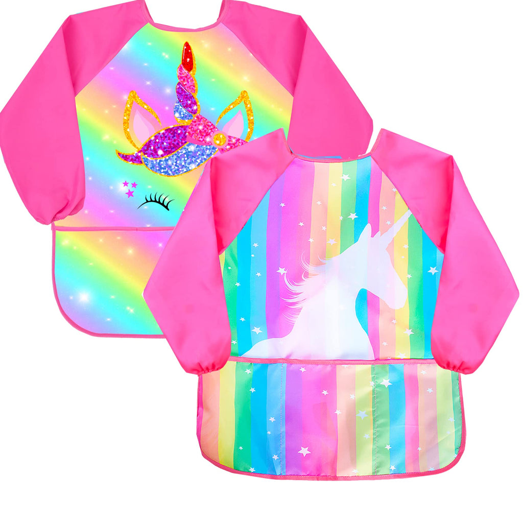 Sylfairy Kids Painting Smock – Waterproof Rainbow Unicorn Apron with Pockets for Ages 2-7