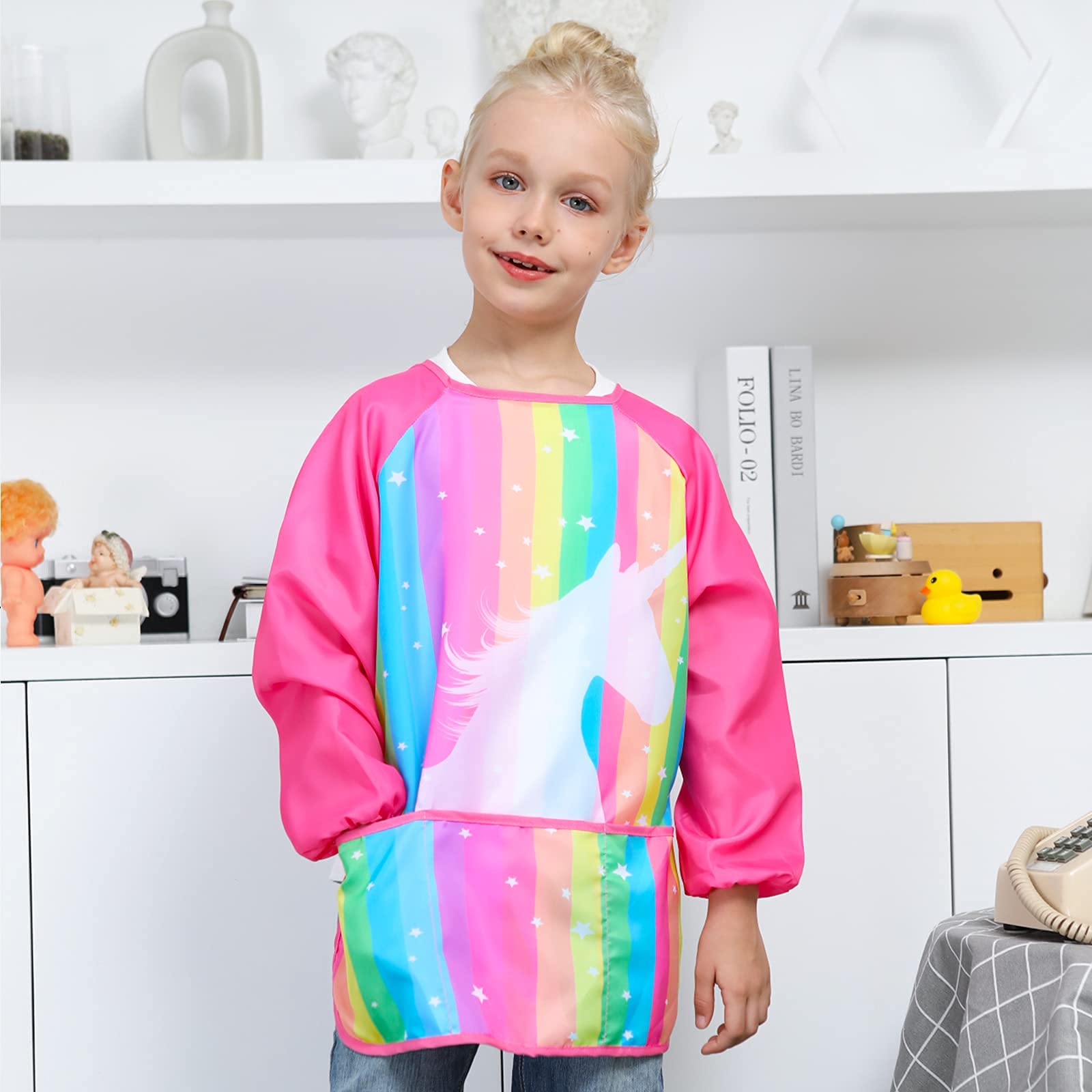 Sylfairy Kids Painting Smock – Waterproof Rainbow Unicorn Apron with Pockets for Ages 2-7