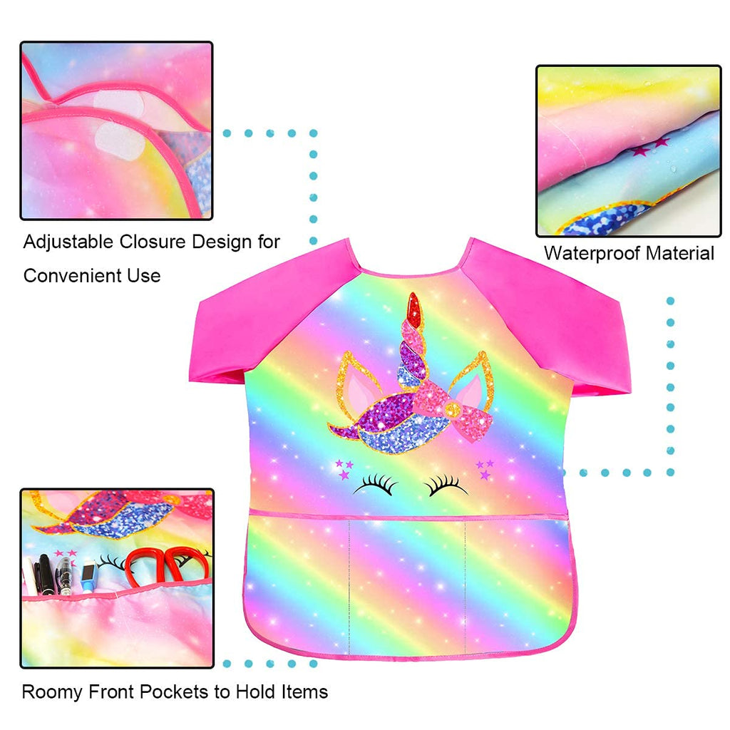Sylfairy Kids Painting Smock – Waterproof Rainbow Unicorn Apron with Pockets for Ages 2-7