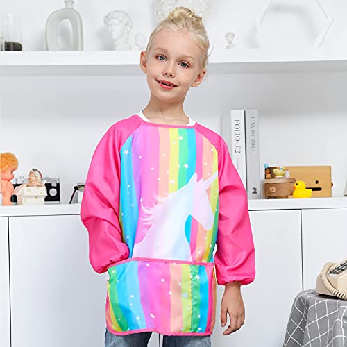 Sylfairy Kids Painting Smock – Waterproof Rainbow Unicorn Apron with Pockets for Ages 2-7