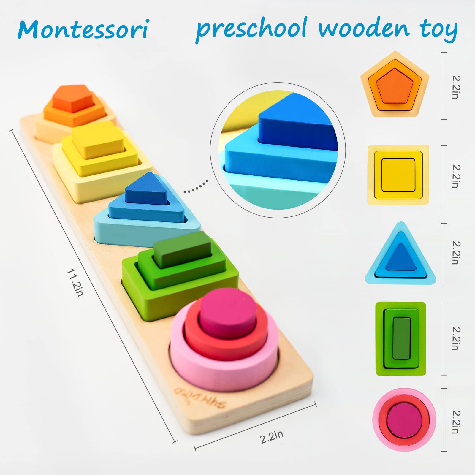 Symdiro Wooden Sorting & Stacking Toy - 20 Pieces, 5 Shapes & Colors for Toddlers 1-3