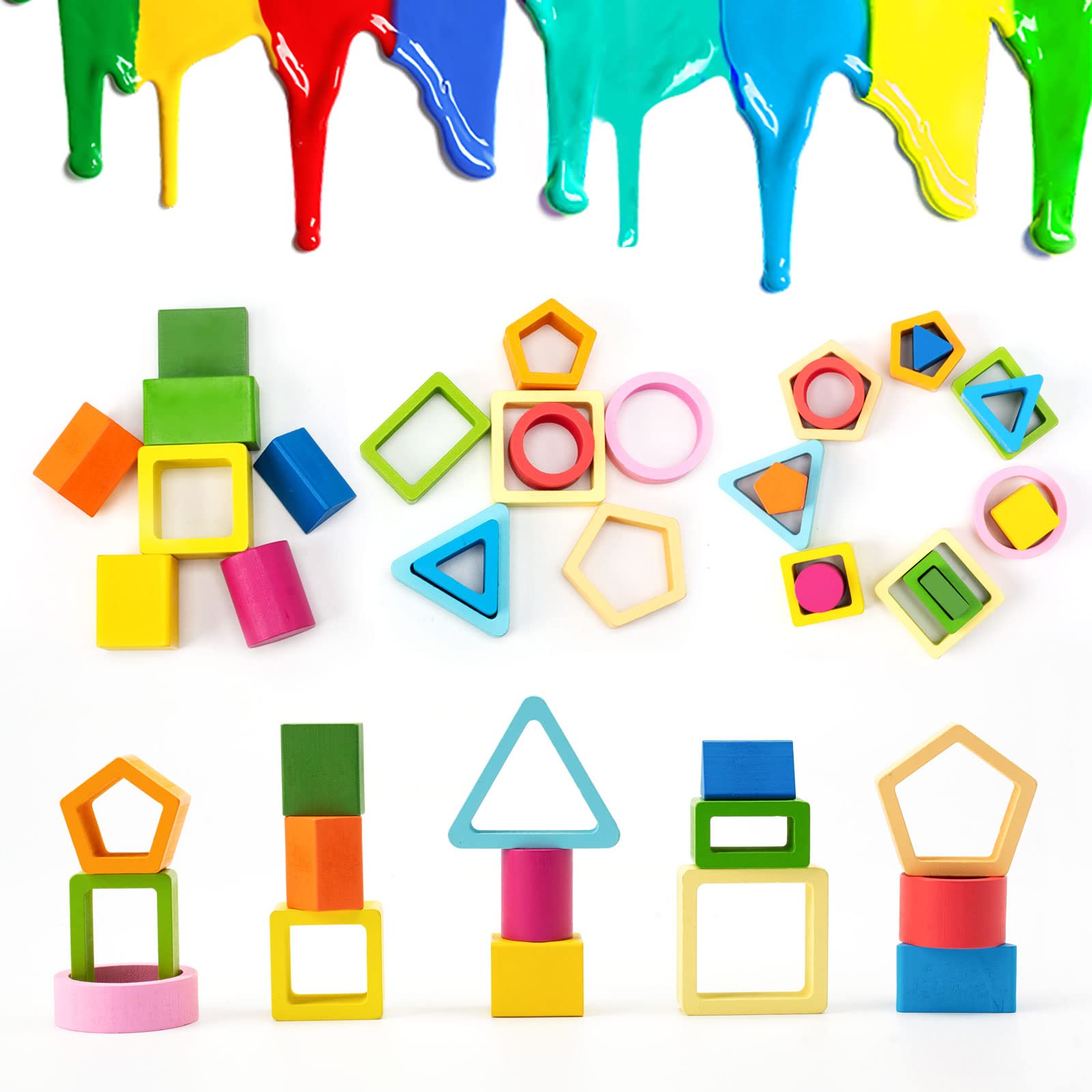 Symdiro Wooden Sorting & Stacking Toy - 20 Pieces, 5 Shapes & Colors for Toddlers 1-3