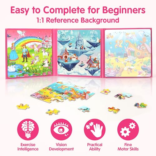 SYNARRY 36-Piece Magnetic Jigsaw Puzzles for Kids Ages 3-8 – Unicorn Princess Mermaid Themes, Travel-Friendly Book Design