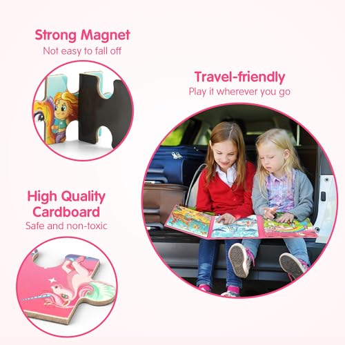SYNARRY 36-Piece Magnetic Jigsaw Puzzles for Kids Ages 3-8 – Unicorn Princess Mermaid Themes, Travel-Friendly Book Design