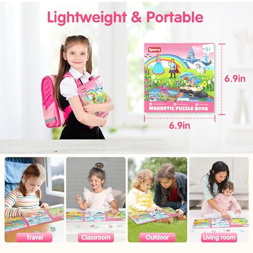 SYNARRY 36-Piece Magnetic Jigsaw Puzzles for Kids Ages 3-8 – Unicorn Princess Mermaid Themes, Travel-Friendly Book Design