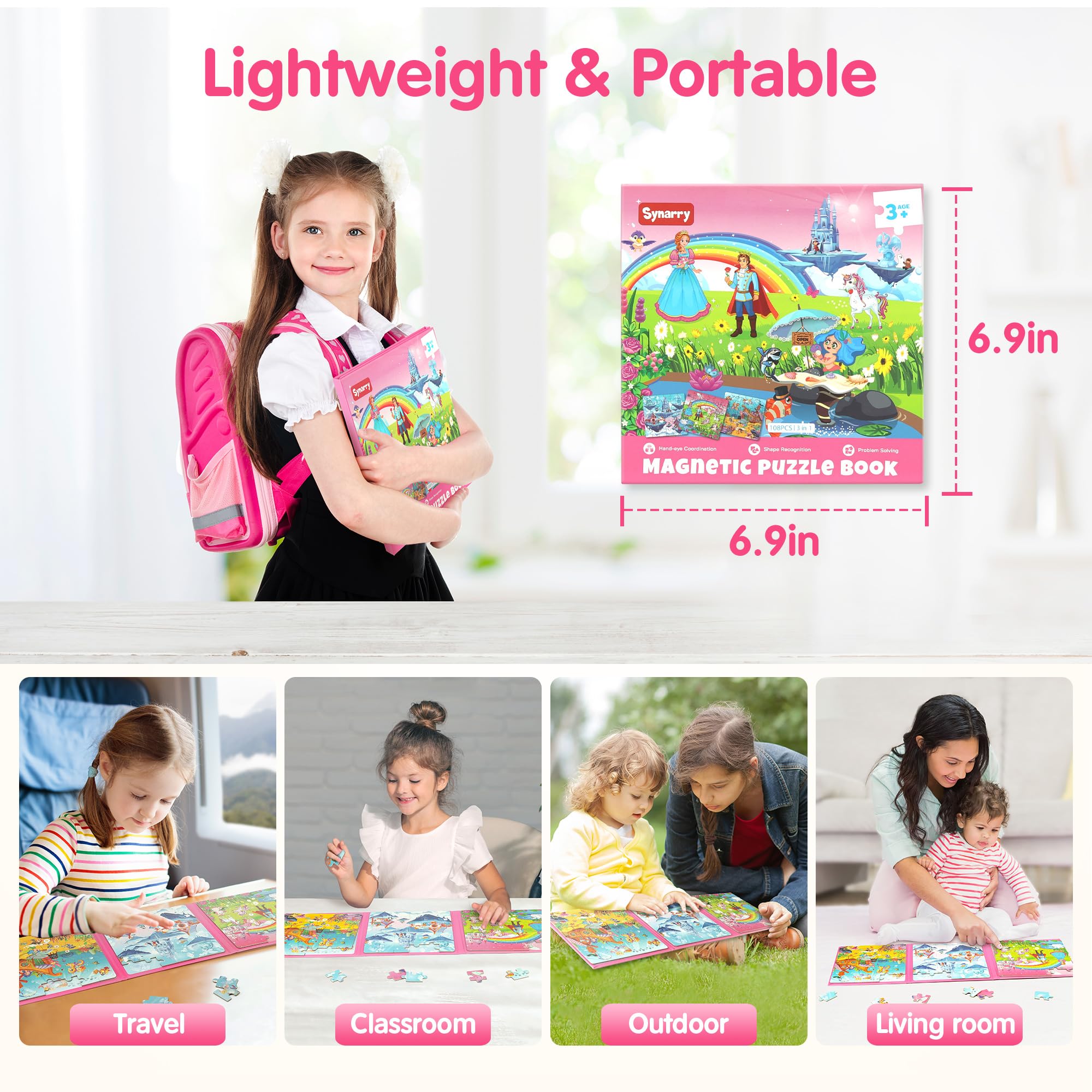 SYNARRY 36-Piece Magnetic Jigsaw Puzzles for Kids Ages 3-8 – Unicorn Princess Mermaid Themes, Travel-Friendly Book Design