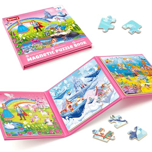 SYNARRY 36-Piece Magnetic Jigsaw Puzzles for Kids Ages 3-8 – Unicorn Princess Mermaid Themes, Travel-Friendly Book Design
