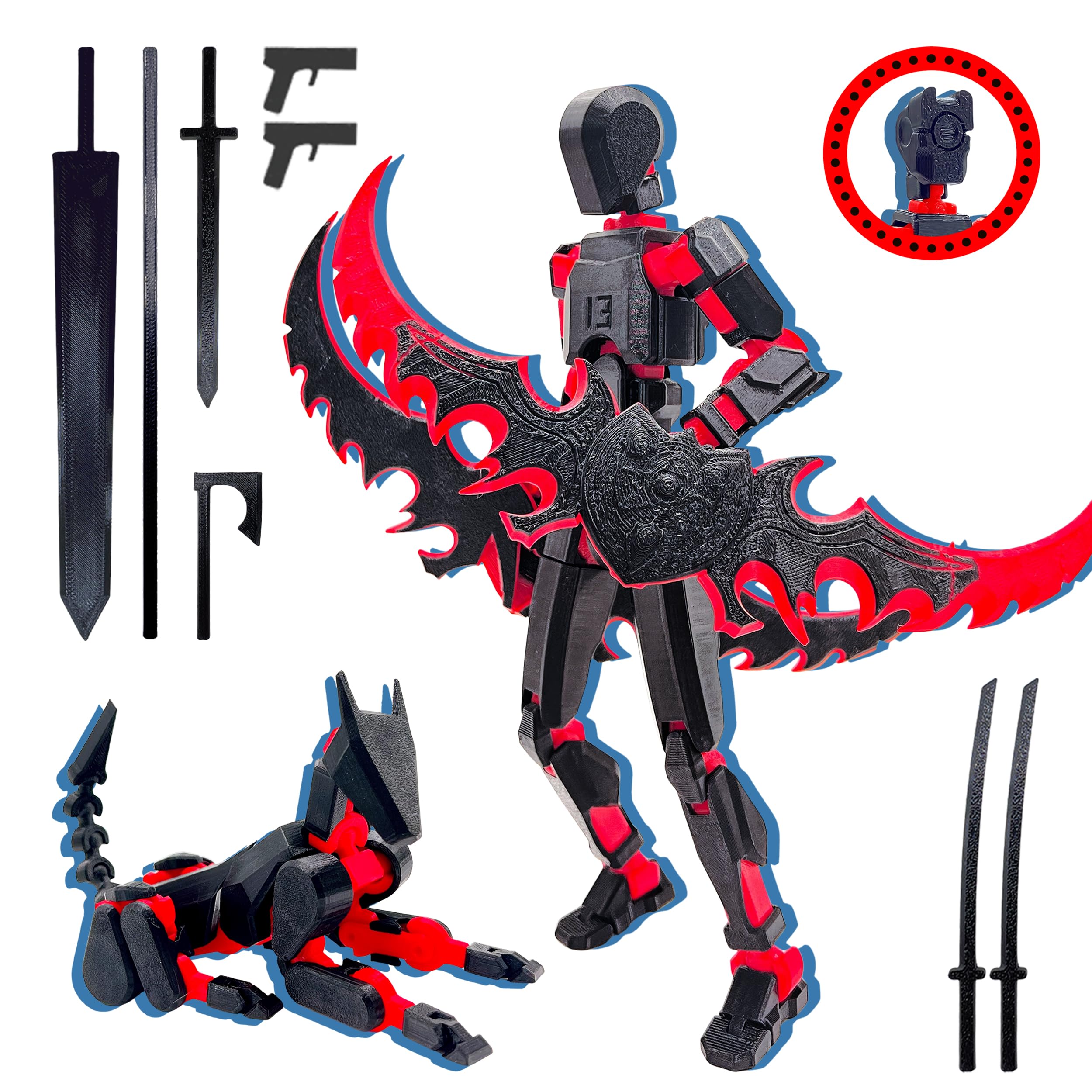 T13 3D Action Figure Set - Fully Assembled Dummy Robot Titan 13 with Dog, Black/Red