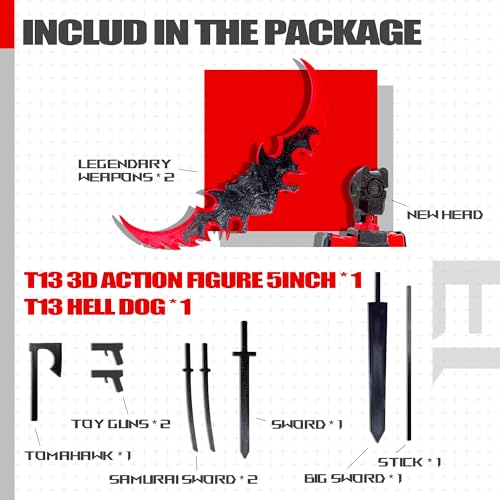 T13 3D Action Figure Set - Fully Assembled Dummy Robot Titan 13 with Dog, Black/Red