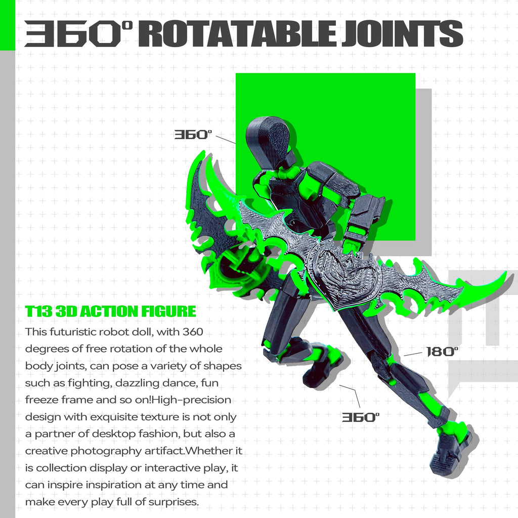 T13 3D Action Figure Set – Dummy Robot Titan 13 with Full Articulation, Pre-Assembled (Black/Green)