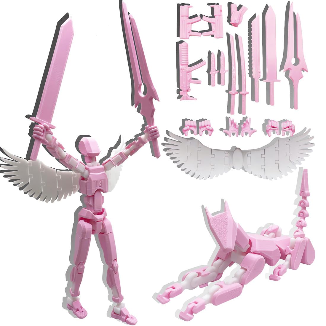 T13 3D Action Figure Set – Fully Articulated Pink White Robot with Dog & Weapons by masijssa